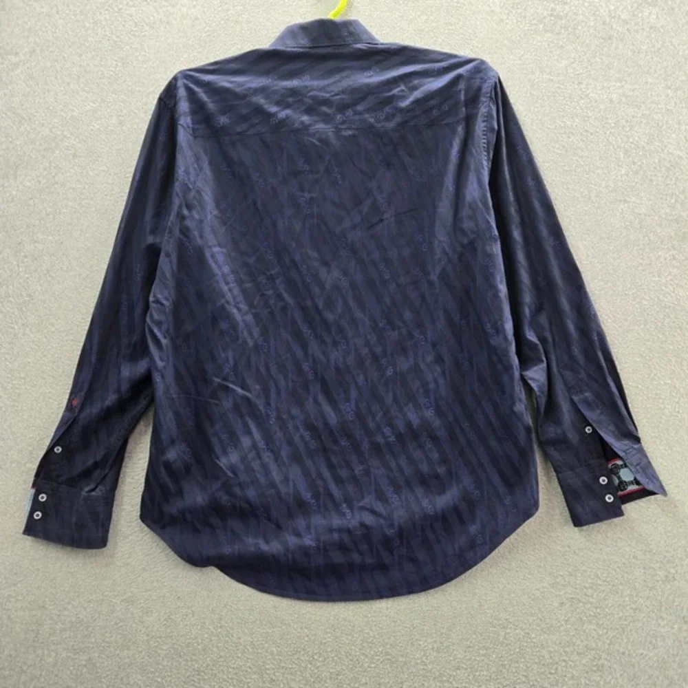 Robert Graham Men Button Up Shirt Large Blue Striped Logo RG‎ Textured Collar